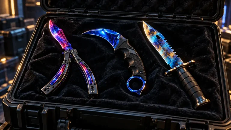 CS2-inspired butterfly knife, sapphire-blue karambit, and blue-and-gold bayonet displayed in a black velvet collector’s case.