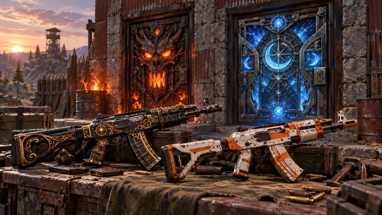 Ornate orange and blue door skins behind black-and-gold and white-and-orange rifles in a Rust-inspired survival base.