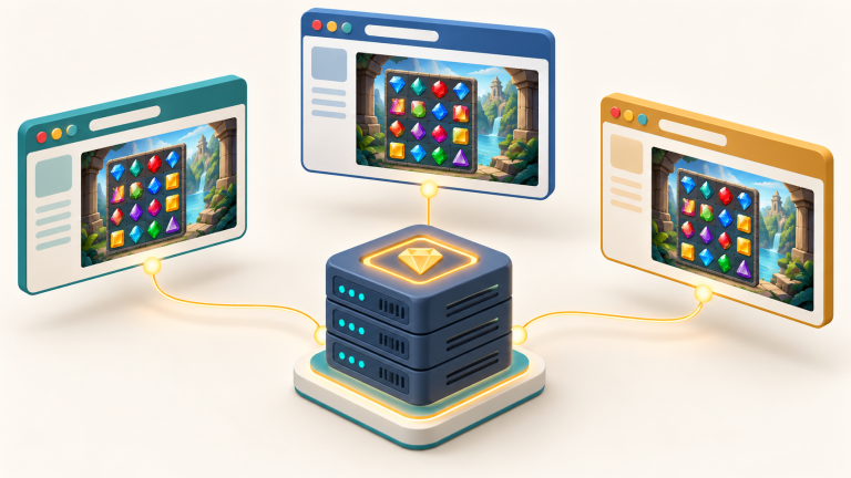 Why The Same Casino Game Appears on Different Websites Three computer screens display a matching gem game, all connected to a central server with wires, suggesting shared online gameplay or server-based synchronization.