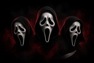 Three Ghostface killers as floating heads in a dark red fog, Scream ranking featured image