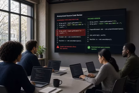 Developers in a workshop reviewing highlighted insecure code on a large screen