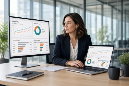 A woman in business attire sits at a desk with a laptop and monitor displaying charts, graphs, and data in a modern office setting.