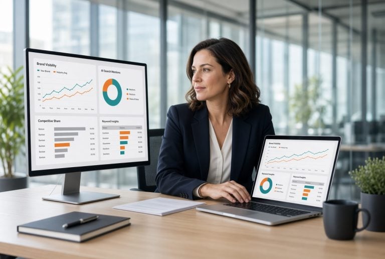 A woman in business attire sits at a desk with a laptop and monitor displaying charts, graphs, and data in a modern office setting.