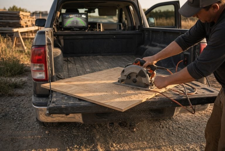 A person uses a circular saw to cut a sheet of plywood placed on the tailgate of a pickup truck in an outdoor setting.