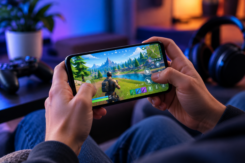 Person playing an online multiplayer game on a smartphone
