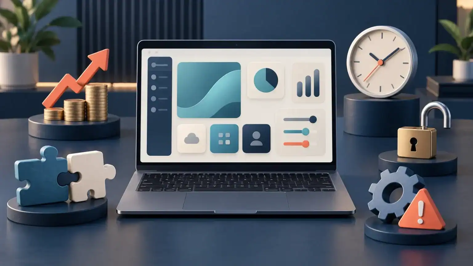 Laptop with a software dashboard surrounded by coins, puzzle pieces, a clock, an open padlock, and a warning symbol.