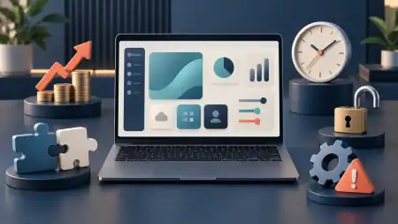 5 Software Buying Mistakes Businesses Should Avoid Laptop with a software dashboard surrounded by coins, puzzle pieces, a clock, an open padlock, and a warning symbol.