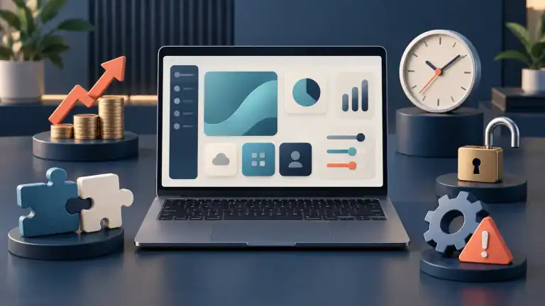 5 Software Buying Mistakes Businesses Should Avoid Laptop with a software dashboard surrounded by coins, puzzle pieces, a clock, an open padlock, and a warning symbol.