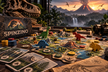 Spinzino: Understanding The Strategy Behind A Dinosaur Board Game Spinzino dinosaur board game featuring the game wheel, dinosaur runners, Valley board, and Nest