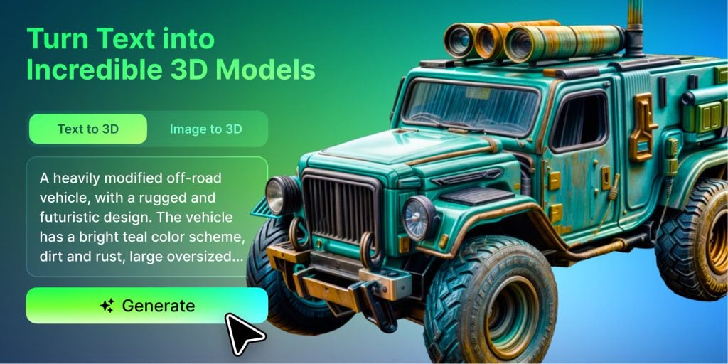 A digitally rendered, teal off-road vehicle with large tires is displayed next to buttons labeled “Text to 3D” and “Generate” on a colorful gradient background.