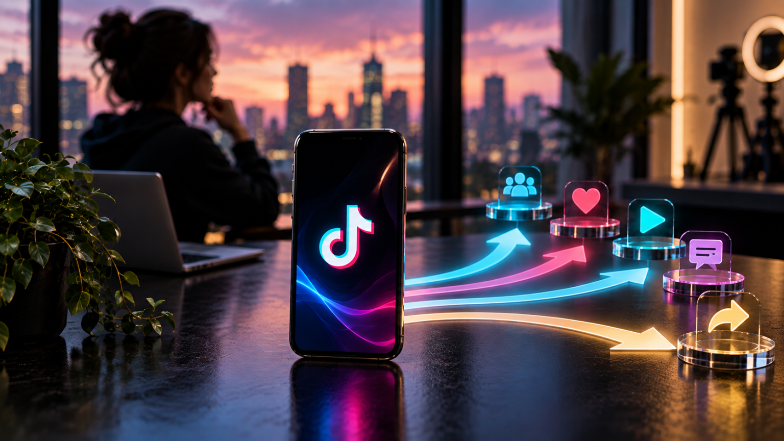 TikTok analytics dashboard showing views, likes, comments, shares, watch time, and follower growth