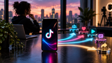 TikTok analytics dashboard showing views, likes, comments, shares, watch time, and follower growth