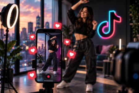 TikTok creator viewing likes, engagement, and audience growth metrics on a smartphone