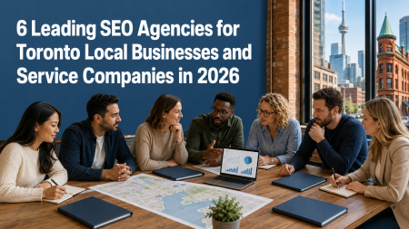 6 Leading SEO Agencies For Toronto Local Businesses And Service Companies In 2026 Seven professionals discuss search data around a neighbourhood map in a Toronto workspace, illustrating an SEO agency shortlist for local businesses and service companies.