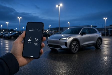 Person holding a smartphone displaying car lock and climate controls, with a silver SUV parked outside under streetlights in the background at dusk.