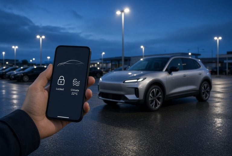 Person holding a smartphone displaying car lock and climate controls, with a silver SUV parked outside under streetlights in the background at dusk.