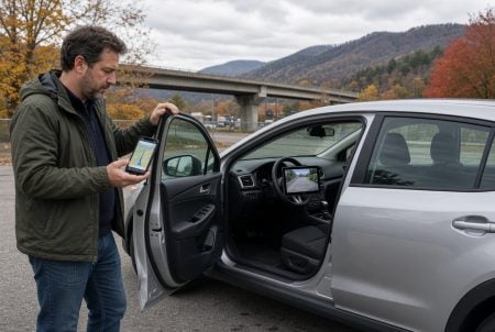 A man stands by an open car door holding a smartphone with a map app, while a similar map is displayed on the car’s dashboard screen; mountains and autumn trees are in the background.