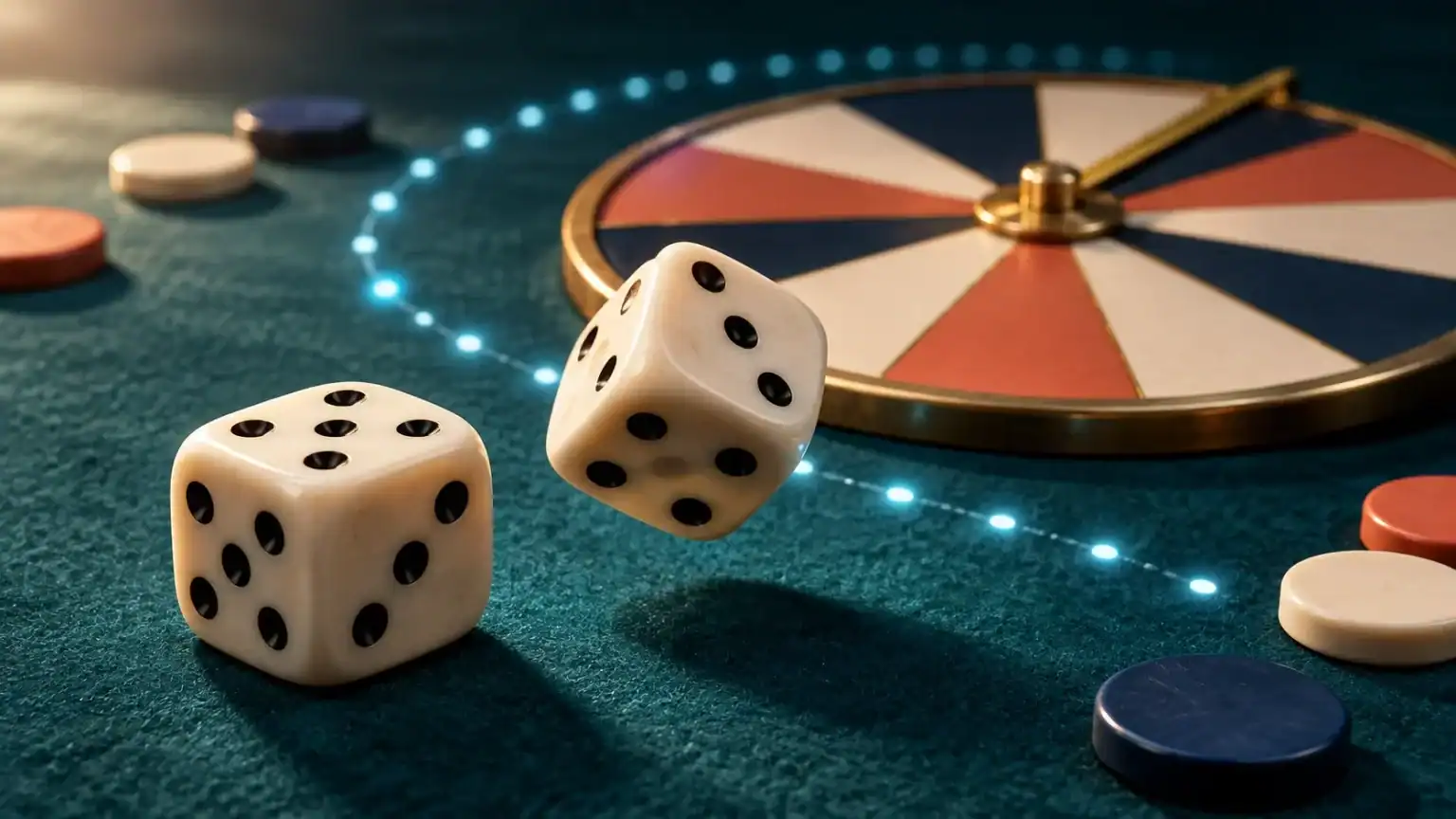 Two ivory dice, a colorful game spinner, and round tokens on teal felt, with a curved trail of glowing lights.