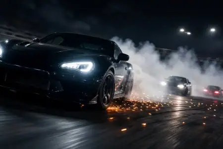 High-performance sports car drifting on a night racetrack with thick tire smoke, motion blur, and dramatic lighting.
