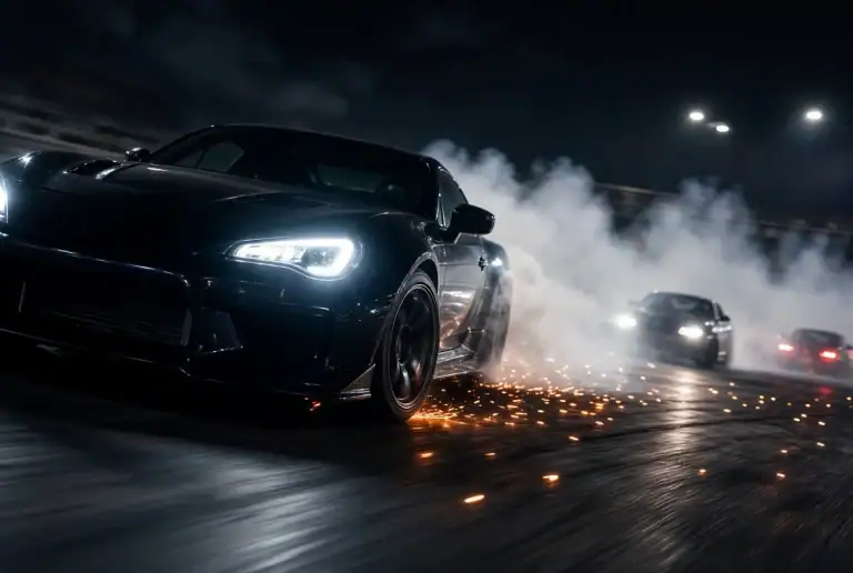 High-performance sports car drifting on a night racetrack with thick tire smoke, motion blur, and dramatic lighting.