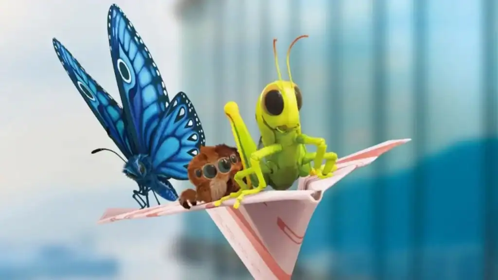 A blue butterfly, a small brown spider, and a green grasshopper riding together on a paper airplane.