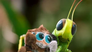 A close-up of a small, brown, furry spider with large blue eyes next to a green grasshopper.