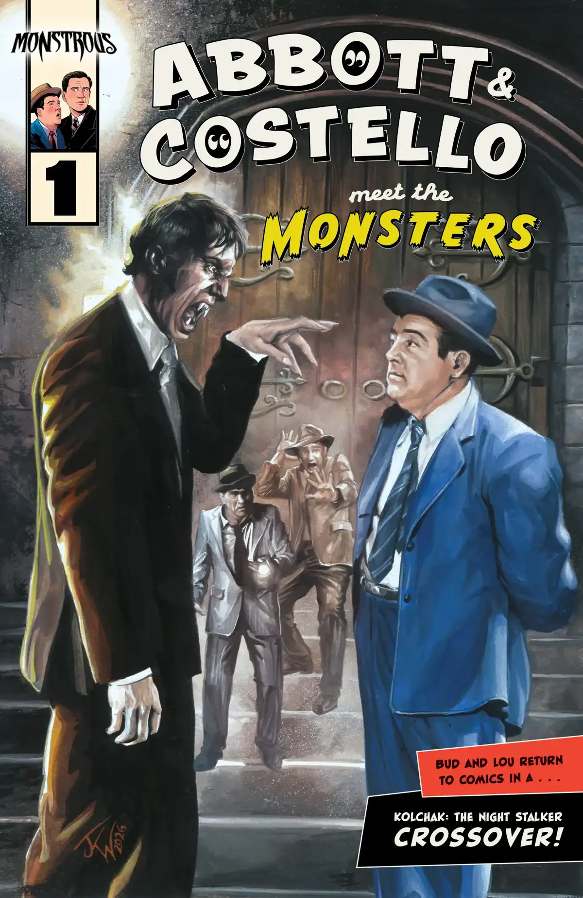Cover artwork for Abbott and Costello Meet the Monsters featuring Bud Abbott and Lou Costello confronting classic horror creatures.