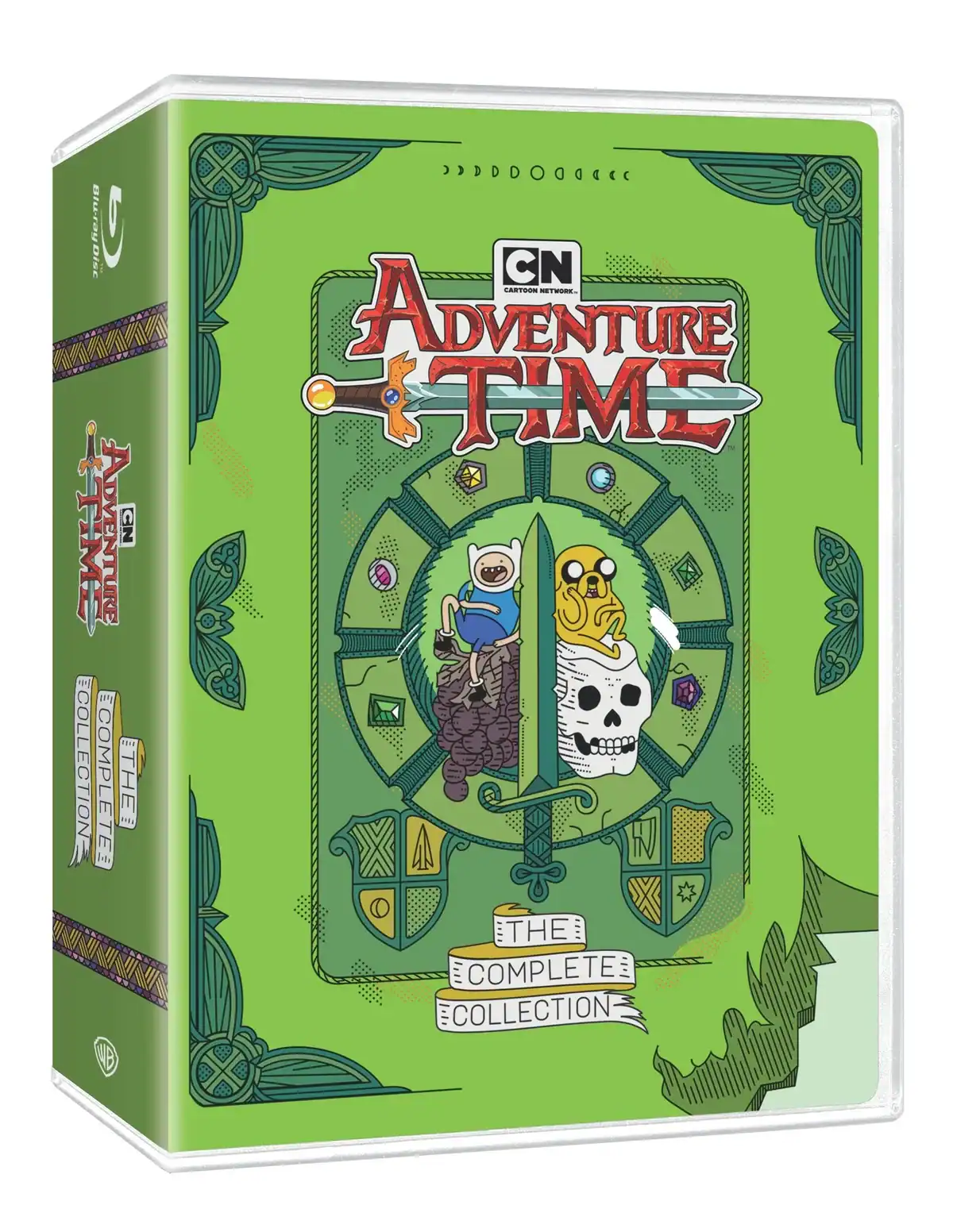 Adventure Time: The Complete Collection Blu-ray box set featuring Finn and Jake on a green, illustrated cover.