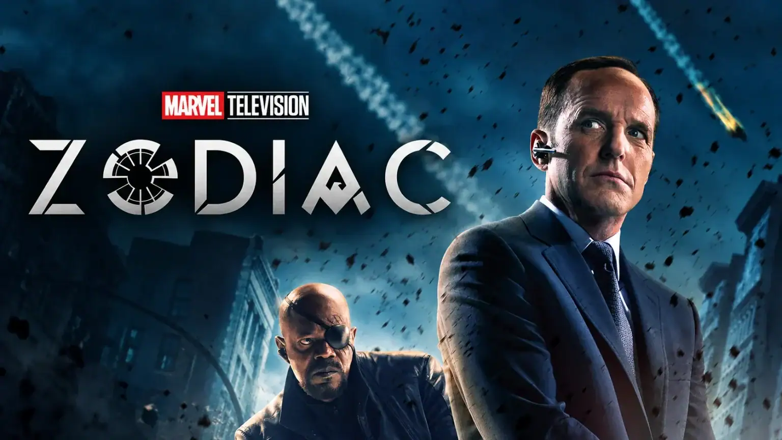 Marvel Television Zodiac title beside two characters against a stormy blue cityscape with airborne debris.