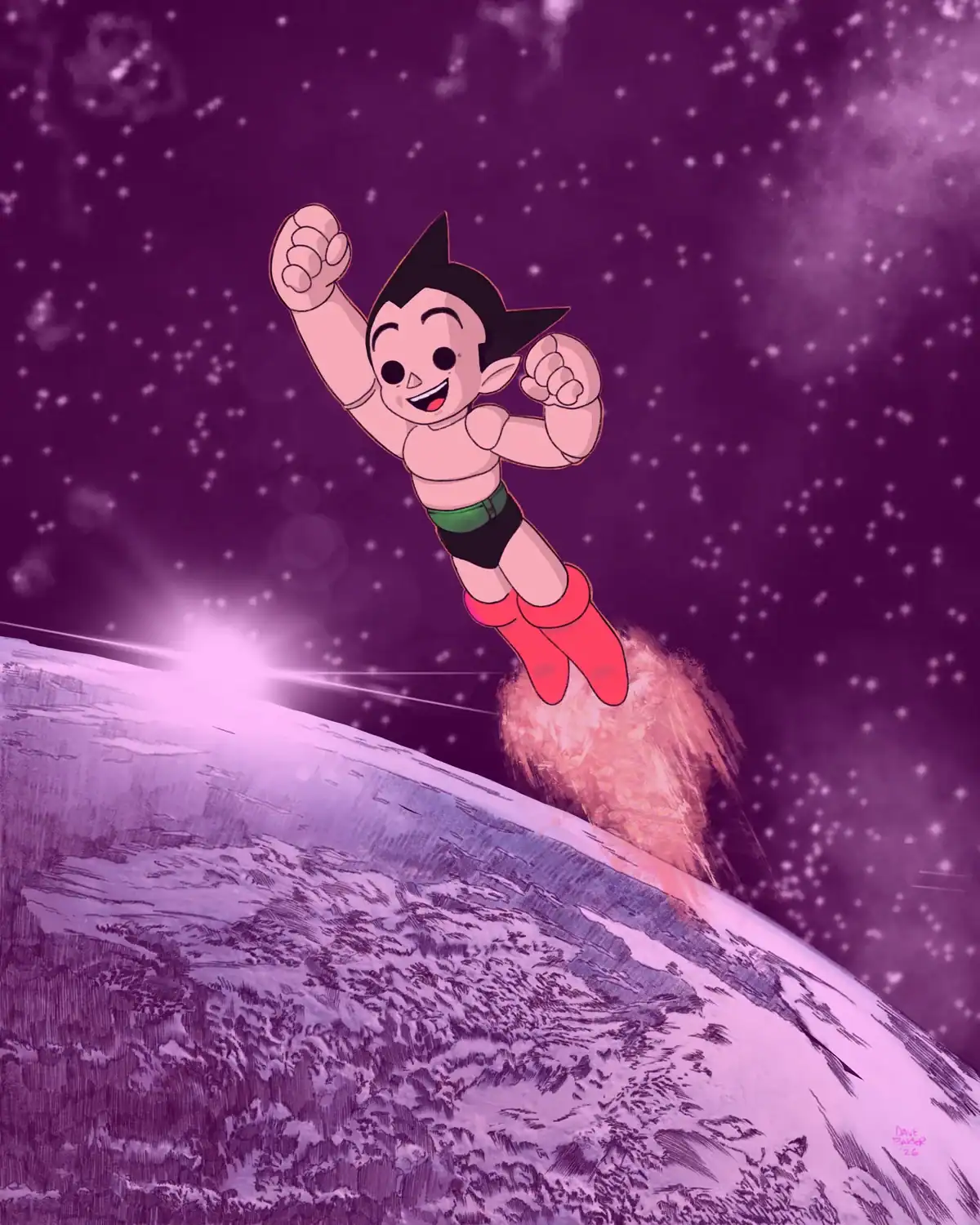 Astro Boy flying through space above a planet with rocket fire emitting from his boots.