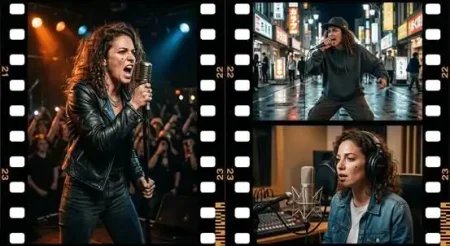 Three images within a film strip: a woman singing into a microphone on stage, a person performing on a city street, and a woman speaking into a studio microphone.