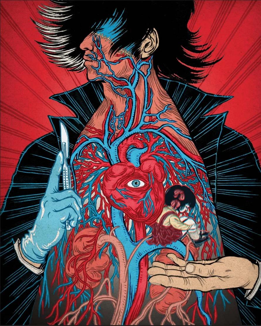 Illustration of a person with an exposed chest cavity showing blue veins and a red, eye-centered heart, with a small girl sitting inside the torso and a gloved hand holding a scalpel.
