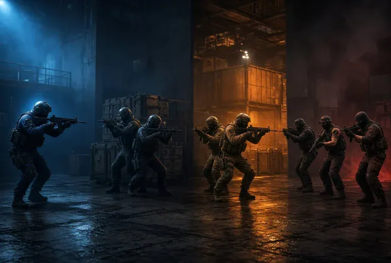 1v1, 2v2, 3v3, or Free-for-All: Comparing Battle Seat Formats Tactical Counter-Strike 2 players in different team formats (1v1, 2v2, 3v3, free-for-all) competing in a dark industrial map under dramatic lighting.