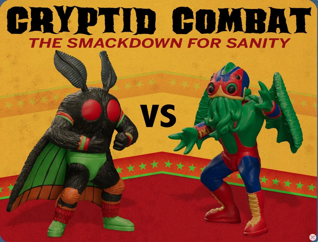 Cryptid Combat artwork featuring the monster wrestling characters from Wandering Planet Toys and Velikan.