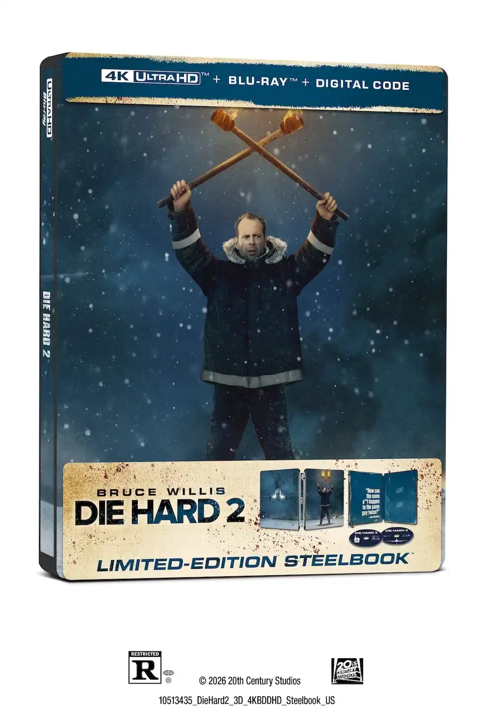 Die Hard 2 4K Ultra HD and Blu-ray limited-edition steelbook featuring Bruce Willis holding two torches against a snowy backdrop.
