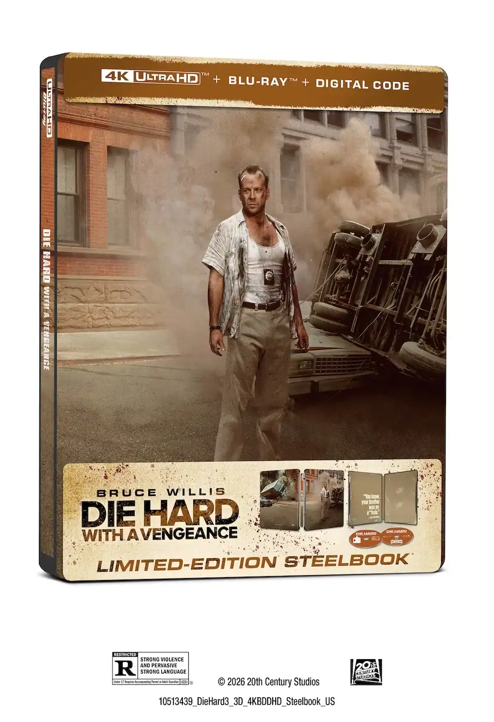 Die Hard with a Vengeance 4K Ultra HD and Blu-ray limited-edition steelbook, featuring Bruce Willis standing in front of an overturned vehicle on the cover.