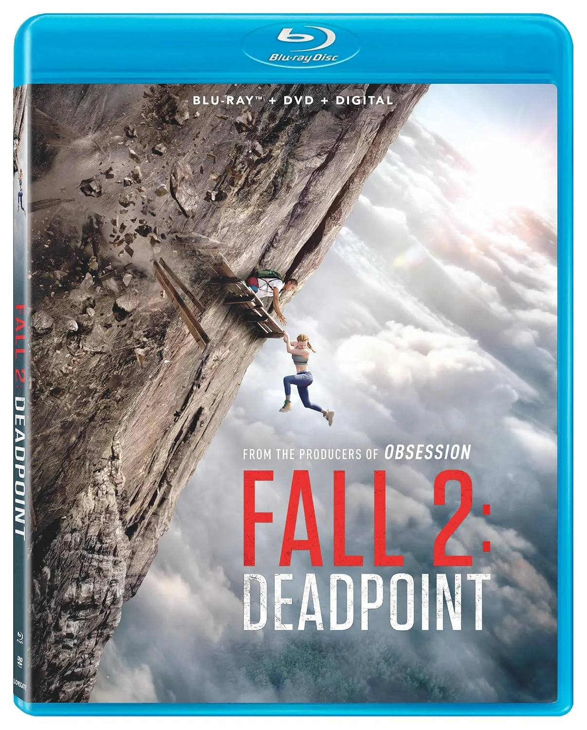 Blu-ray cover for the film Fall 2: Deadpoint, depicting one person helping another hanging off a cliff ledge above a cloud layer.