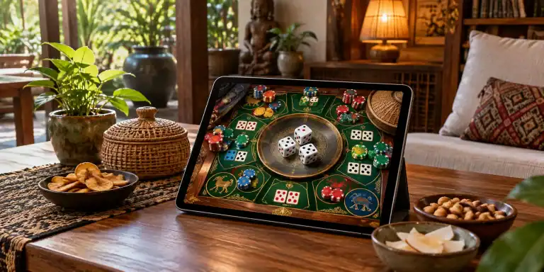Tablet displaying a dice game on a wooden table with snacks and a cozy interior background