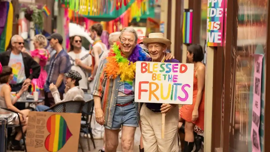 Roger Allam as Frank and Ian McKellen as Percy walking together outdoors in Frank and Percy.