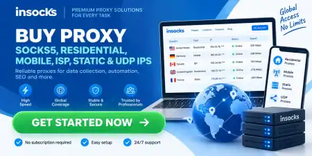 Gaming Region Locks And Pricing: How Proxies Help Insocks advertisement for SOCKS5, residential, mobile, ISP, static, and UDP proxies, featuring a laptop, smartphone, globe, and servers. Text promotes high speed, global coverage, security, no subscription, easy setup, and 24/7 support, with a green “Get started now” button.