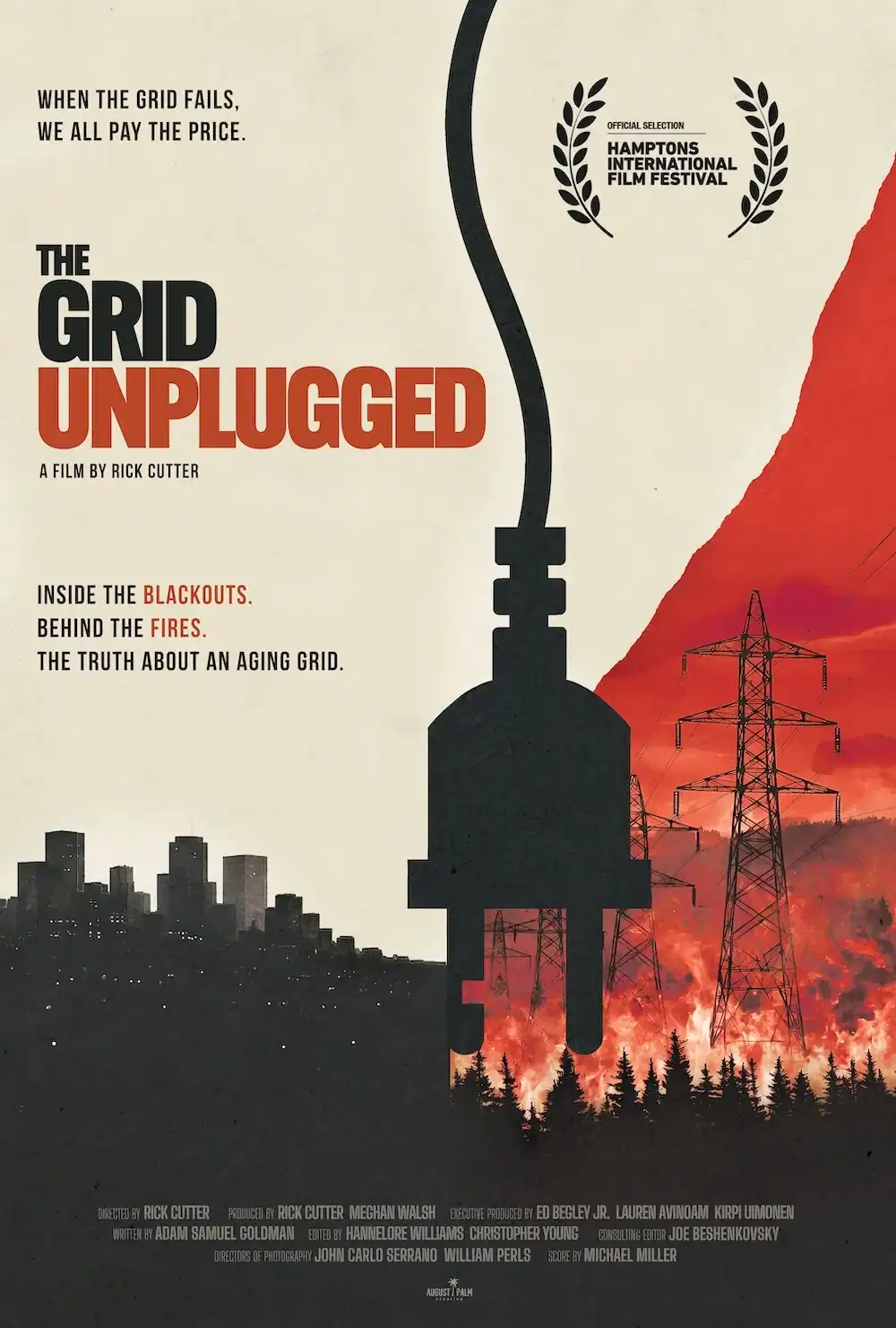 Film poster for “The Grid Unplugged,” featuring a large power plug silhouette against a split background of a city skyline and a forest fire, with a Hamptons International Film Festival laurel.