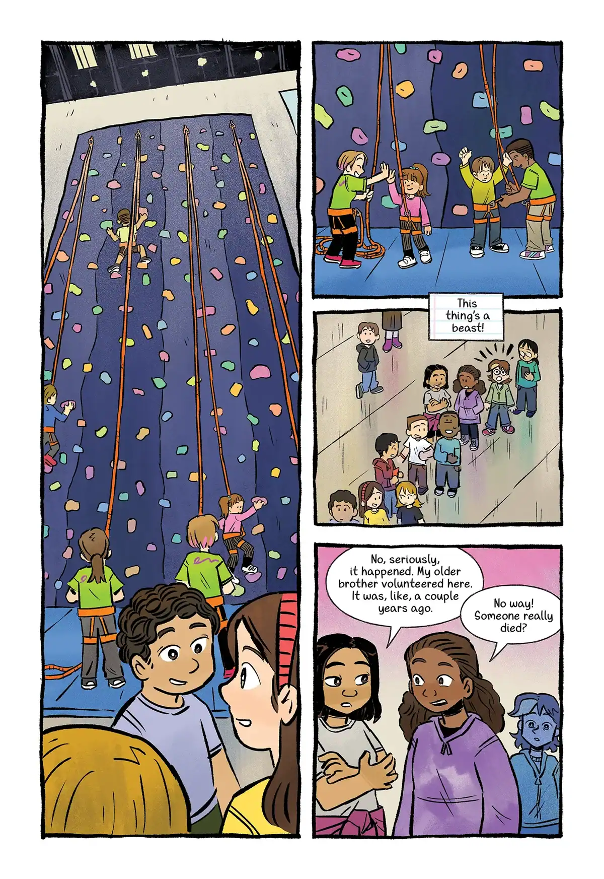 Comic book panels showing children at an indoor climbing gym, with a group of students discussing a rumor about a death at the facility.