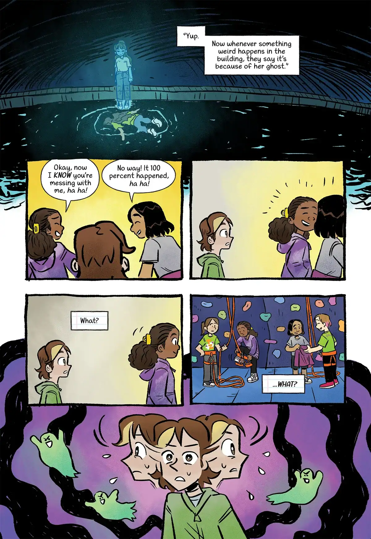 A comic book page showing a girl’s story about a ghost in a swimming pool, friends joking about it, and a final panel where the girl looks panicked as ghosts surround her.