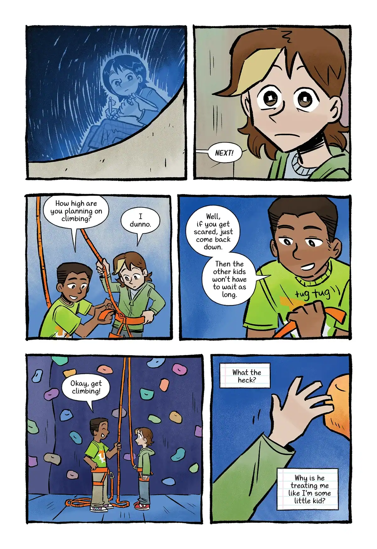 A comic strip showing a boy helping a friend prepare for rock climbing at an indoor gym, while the friend feels patronized.