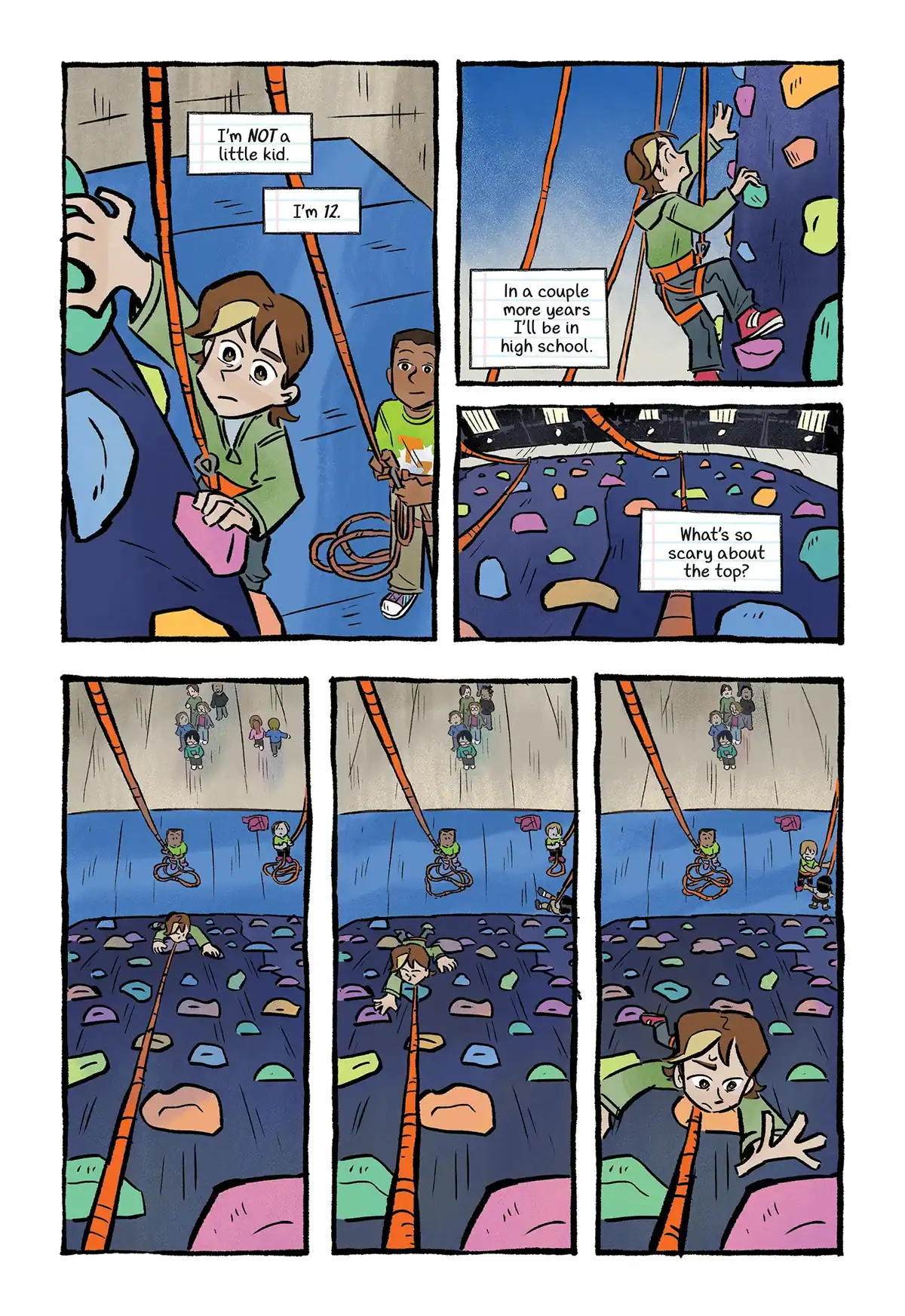 A comic strip depicting a young climber scaling an indoor rock wall, questioning why the top is considered scary while rappelling down.