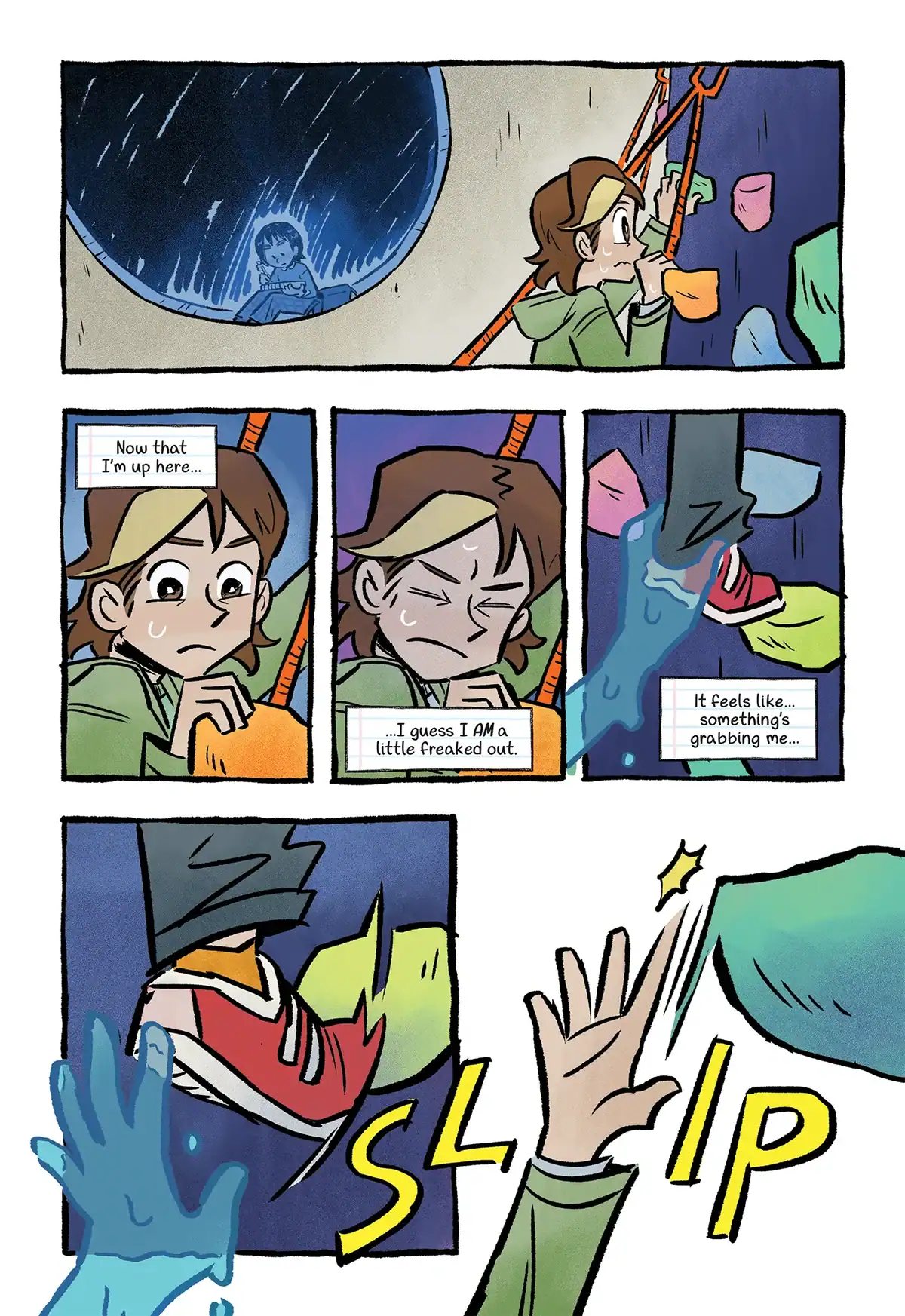 A comic strip shows a rock climber struggling on a wall. A blue, spectral hand grabs their leg, causing them to slip from a hold.