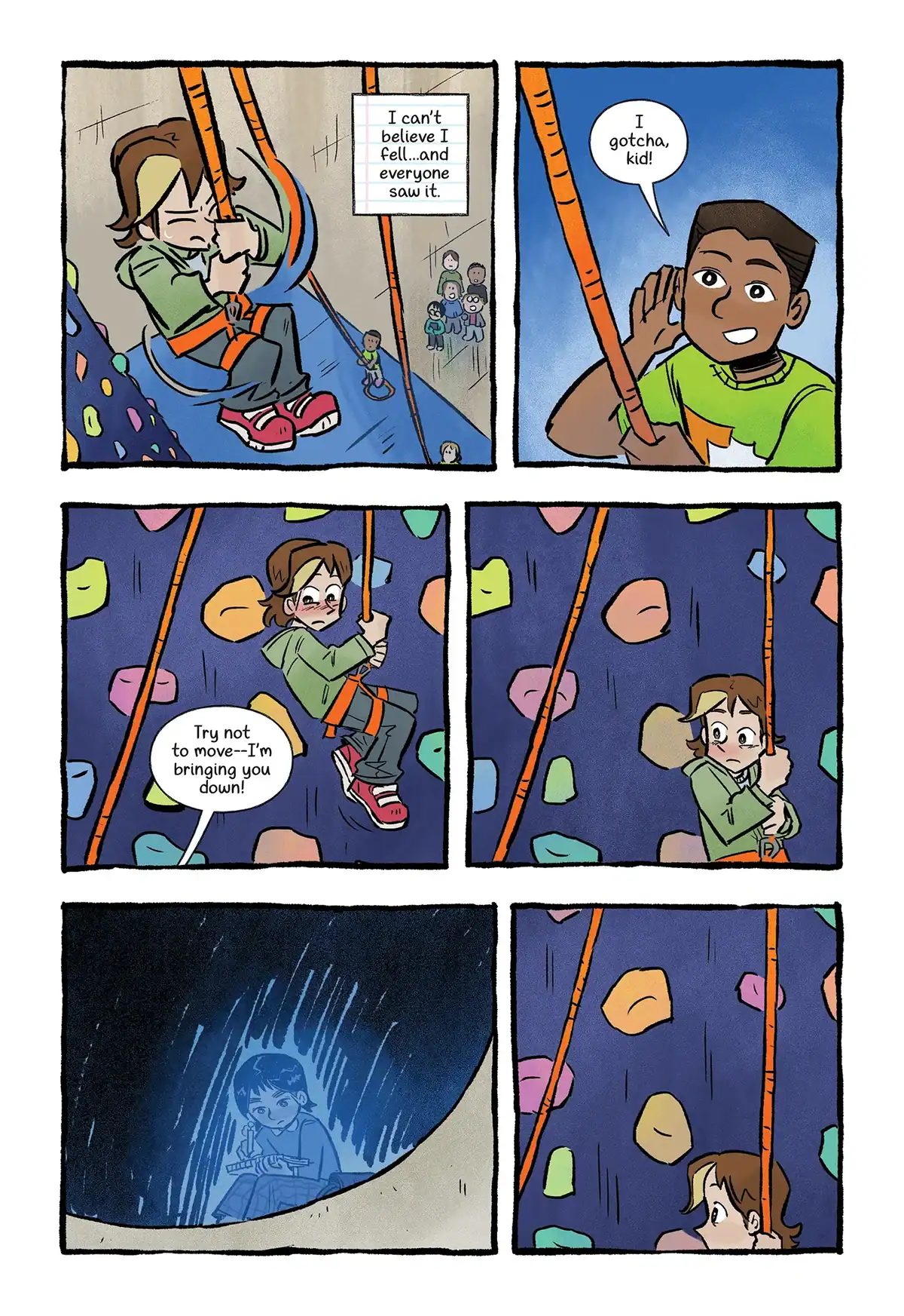 A comic strip panel showing a child feeling embarrassed after falling while rock climbing, while a belayer reassures them.