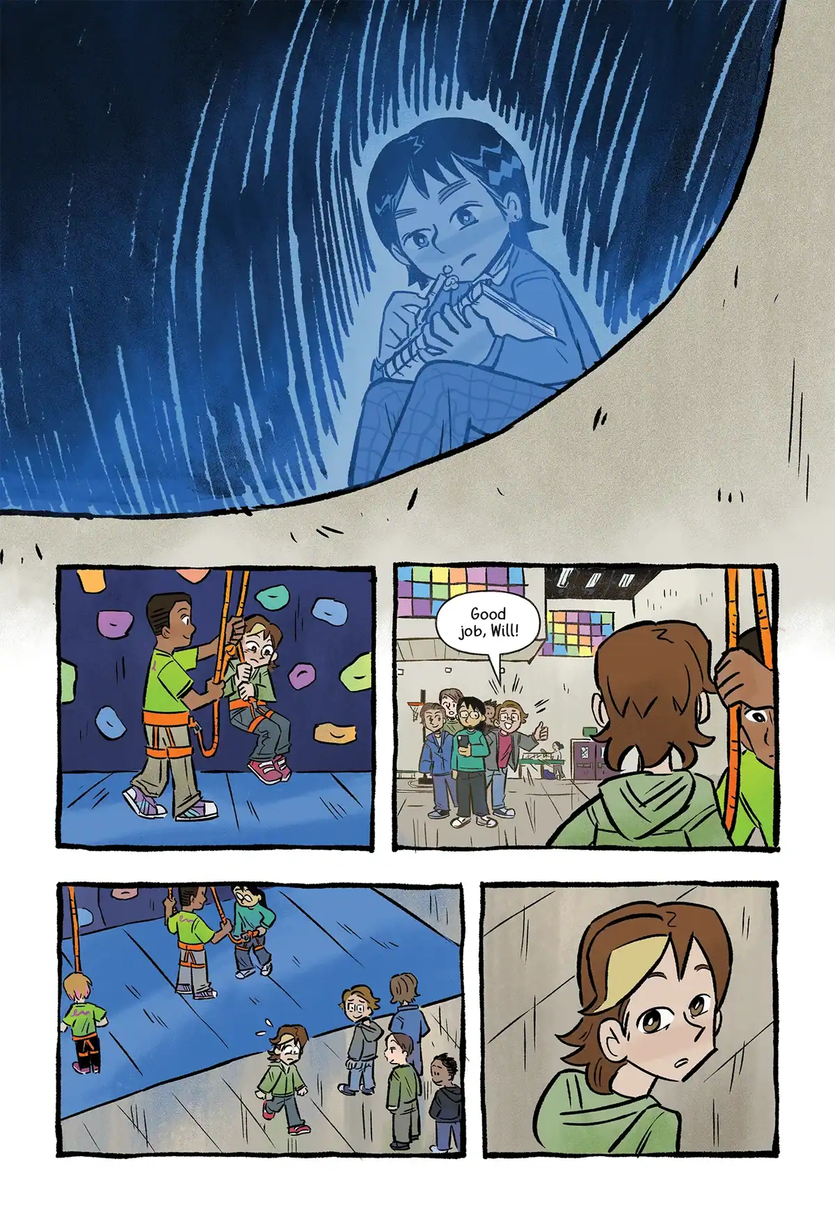 Comic panel showing a young person looking at a memory of them climbing a rock wall with a partner, while their friends celebrate their success in the background.