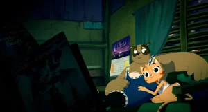 An animated cat and dog sit together on a couch, watching a movie.