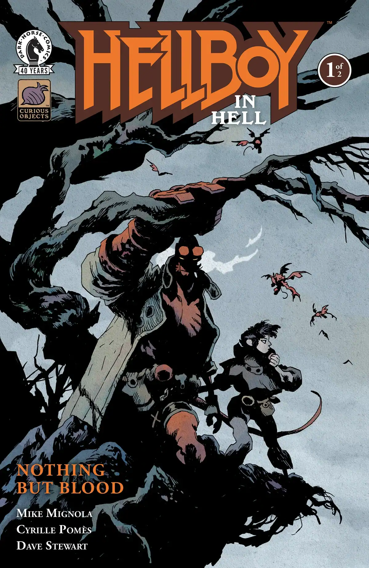 Cover art for “Hellboy in Hell: Nothing but Blood,” featuring Hellboy standing beneath a dead tree with a small, horned figure and winged creatures.